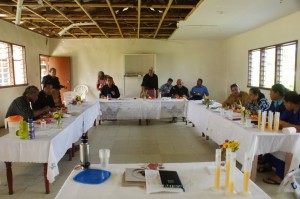 The kickoff health presentation at Tailulu Ha'apai: town officers from every village in Foa and Lifuka (except one)