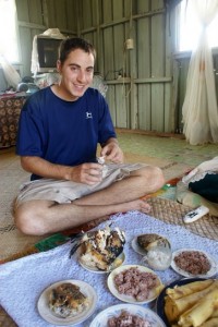 Sunday Lu with Sila -- corned beef, raw fish (from the day before), manioke root crop, and boiled fish.