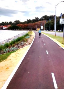 Perth Bicycle Path along Swan River.Cycling from Fremantle to Perth Australia