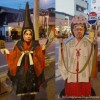 Tourists in Japan. Posing at Street Murals in Takayama.Japan