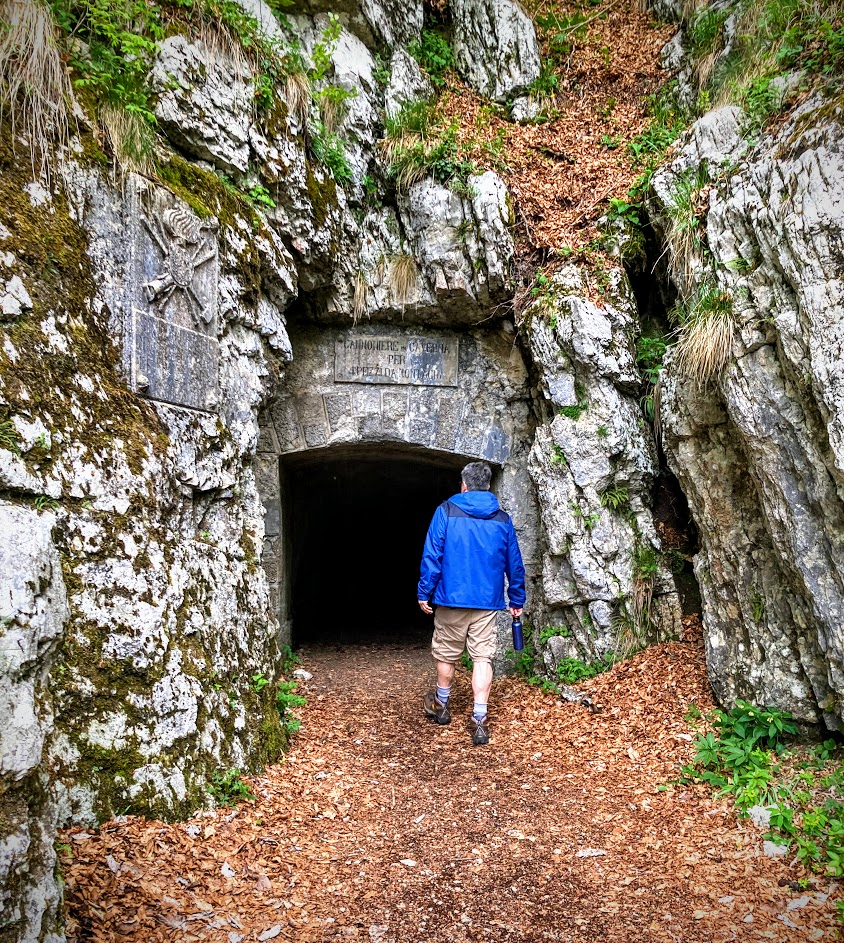 Start of La Granatieri route hike at Monte Cengio, Italy. First tunnel.