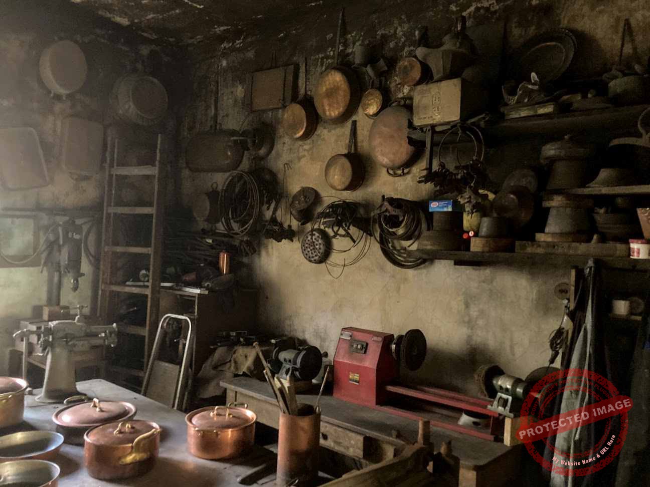 Blackened ceiling of workroom at Bottega Storica Dal Toso in Vicenza, Italy